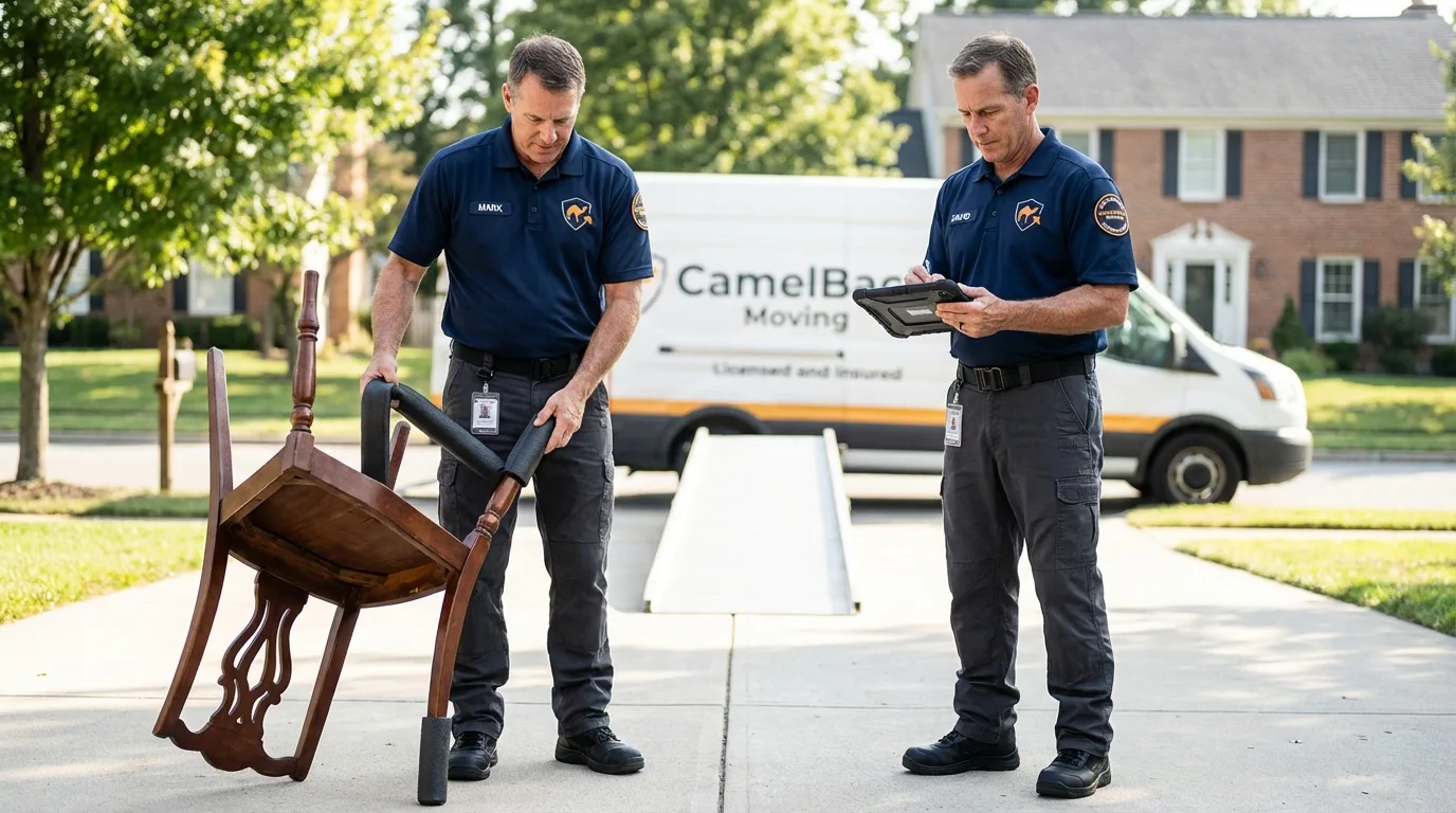 Movers inspecting furniture for damage prevention before loading in Queens Village, NY