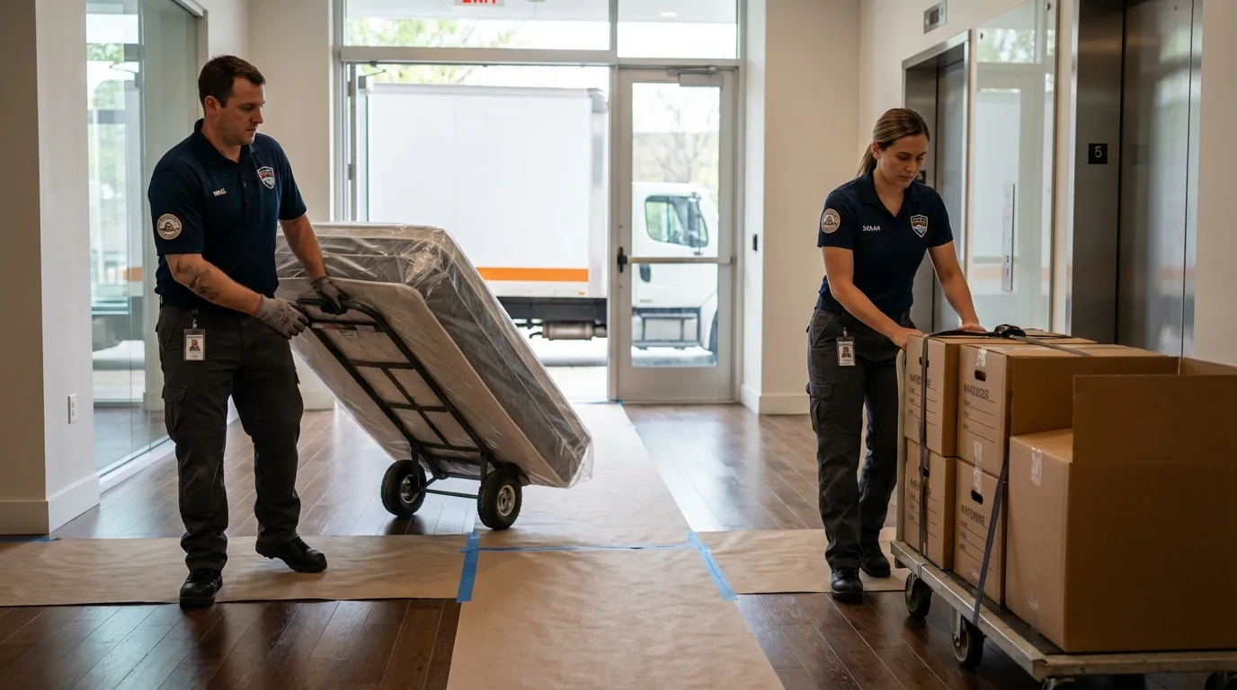 Professional apartment movers loading elevator in Queens Village, NY