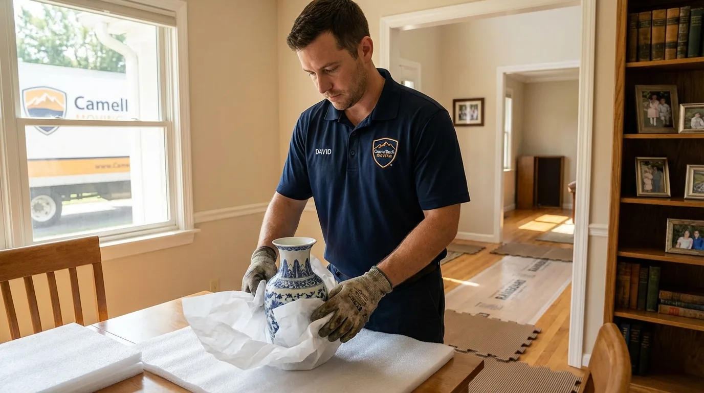 Professional crew carefully wrapping antique vase for senior downsizing move in Queens Village, NY